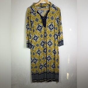 Mille Gabrielle Women’s Boho Midi Dress Lace-Up V-Neck Yellow Navy Plus Size 2X